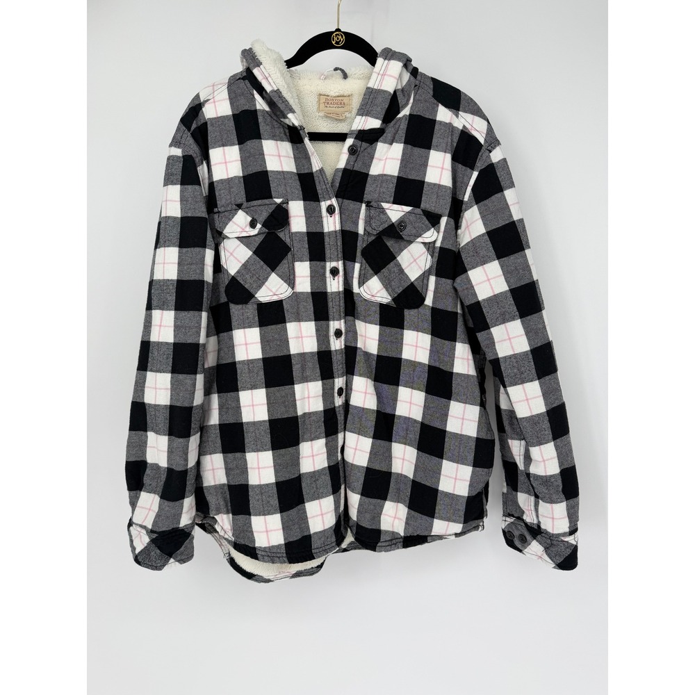 Boston Traders Mens Large Sherpa Lined Flannel Hooded Shirt Jacket Plaid Black L